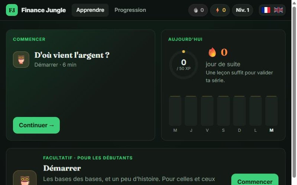 Finance Jungle: home dashboard with daily goal and themes
